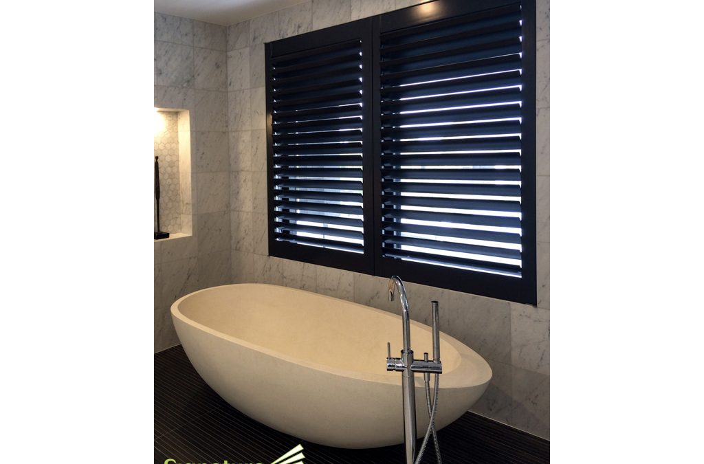 Hardwood-Shutters-Black-Bathroom– Signature Shutters and Blinds