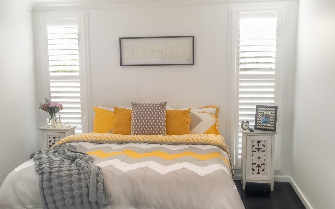 Hardwood Shutters Hinged – Bedroom Yellow and Grey