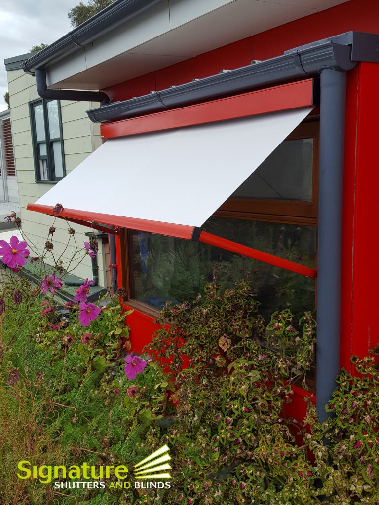 Pivot Arm Awning with Red headbox and Arms