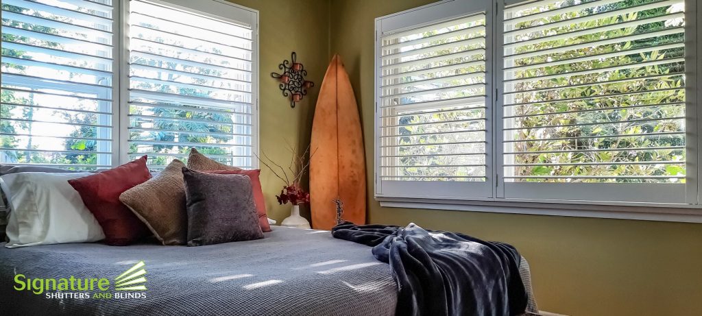 Timber Shutters Face Fixed in L-Frame - Bedroom with Surfboard